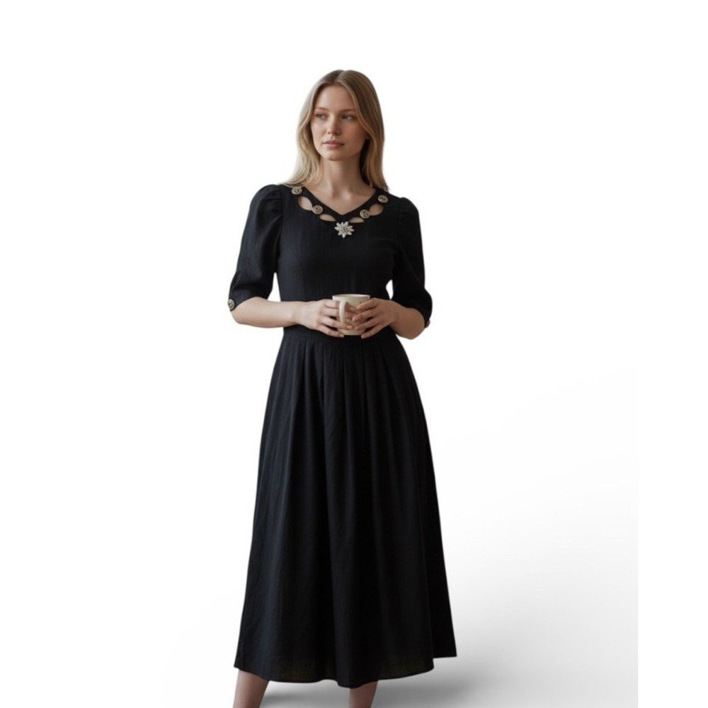 Alphorn Vintage‎ Austrian Whimsygoth Black Maxi Dress Viscose Linen Sz 38